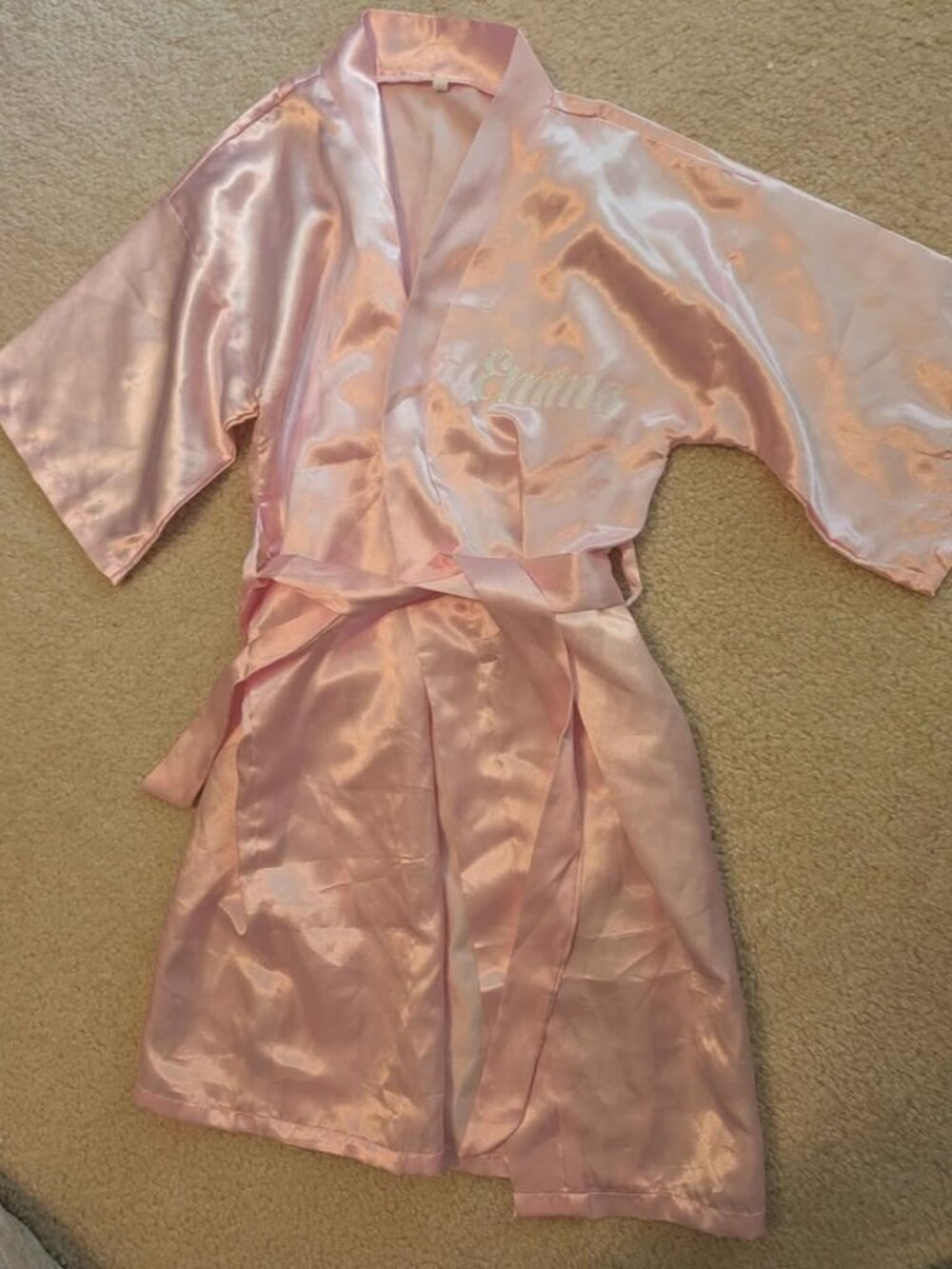Pink satin silk kids bath robe glitter "Emma" name